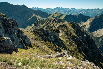 Mountain slope and rocks, path on ridge near Entschenkopf, alps, Bavaria, Germany, Europe