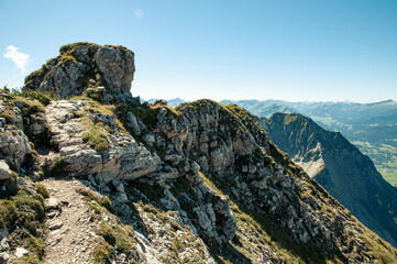 Rock formation, path on mountain ridge, alps, Bavaria, Germany, Europe