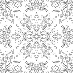 Decorative mandala with floral  elements on white background. Seamless vintage abstract pattern. Suitable for coloring book pages, wrapping, textile.