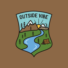 Vintage outside vibe logo, adventure emblem design with mountains scene, tent and river. Unusual line art retro style sticker. Stock vector label