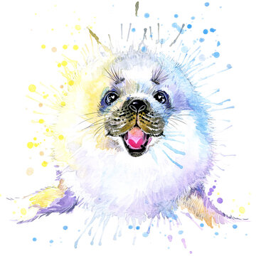 Cute fur seal. watercolor illustration. arctic nature. funny animal. polar wildlife.
