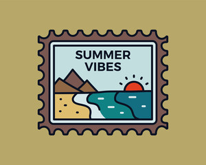 Vintage summer vibes logo, adventure emblem design with mountains and sea. Unusual line art retro style sticker. Stock vector