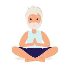 Senior man in yoga lotus practices meditation. Yoga practice. Vector illustration in flat style. Old man meditating