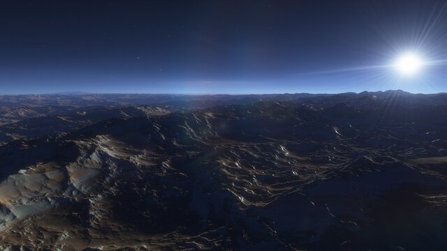 alien Planet, fantasy landscape, view from the surface of an exo-planet, science fiction landscape, 3d Render