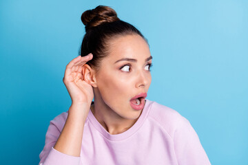 Omg unbelievable. Astonished crazy interested curious girl hold hand ears listen unexpected novelty...