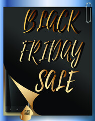 Vector concept Black Friday black roll up page stapled paper clip with a gold page with a mobile phone and "click here" sticker