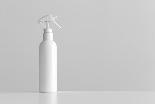 White cosmetic trigger sprayer bottle mockup with blank copy space on a white table.