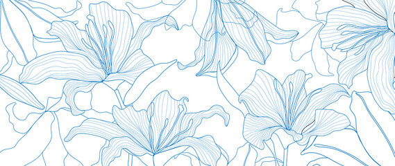 Luxus florale Linie Kunsttapetenvektor. Exotischer botanischer Hintergrund, Lily Flower Vintage-Boho-Stil für Textilien, Wandkunst, Stoff, Hochzeitseinladung, Cover-Design Vektor-Illustration. © TWINS DESIGN STUDIO