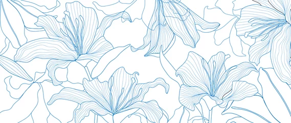 Luxus florale Linie Kunsttapetenvektor. Exotischer botanischer Hintergrund, Lily Flower Vintage-Boho-Stil für Textilien, Wandkunst, Stoff, Hochzeitseinladung, Cover-Design Vektor-Illustration. © TWINS DESIGN STUDIO