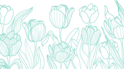 luxury floral line art wallpaper vector. Exotic botanical background, Tulip flower vintage boho style for textiles, wall art, fabric, wedding invitation, cover design Vector illustration.