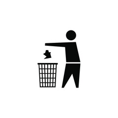 Black icon to dispose of trash in special waste bins. Used goods container sign. The symbol is to observe cleanliness and order. A pictogram of a man.