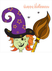 Hand-drawn card with a cartoon witch in a beautiful hat with a broom on a white background. Above the inscription Happy Halloween with cute spiders hanging in the net. Doodle style.