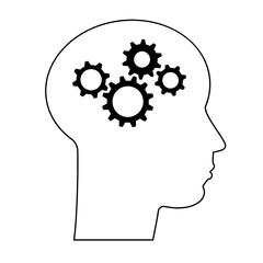 Concept of human intelligence. Head and Brain Gears in Progress. Vector line silhouette face. Portrait icon man. Isolated illustration.