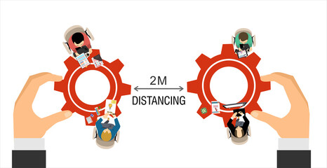 People working together in business office maintain social distancing to prevent coronavirus spreading, keep a safe distance, new normal lifestyle concept, flat vector illustration