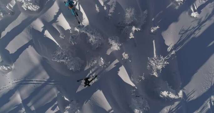 Aerial Top view of Skiers. Ski touring and splitboarding concept. Winter Day. Epic shot of ski man crossing the frame in frozen forest. 4k RAW footage