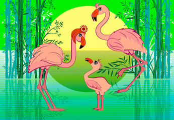 Pink flamingo family in the bamboo thickets on a green background