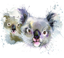 Cute koala and cub watercolor illustration. fashion design, exotic nature. forest animals. wildlife.