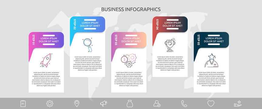 Infographics charts with five steps, labels. Vector template used for diagram, business, web, banner, workflow layout, presentations, info graph, timeline, content, levels, chart, processes diagram