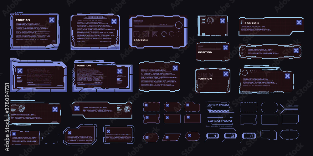 Poster Set of cyber punk digital techno frames for HUD style user interface. Panels, windows, information blocks, frames with text. Set of vector frames with HUD, GUI, UI elements