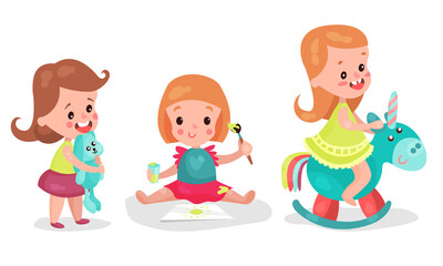 Baby Girls Sitting on Floor Drawing and Playing with Toys Vector Illustration Set