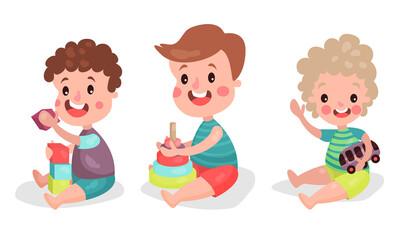 Baby Boys Sitting on Floor Playing with Blocks and Toy Car Vector Illustration Set