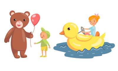 Bear Giving Balloon to Boy and Girl Riding Duck Vector Illustration Set