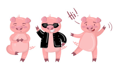 Funny Pig Standing in Yoga Pose and Greeting Vector Set