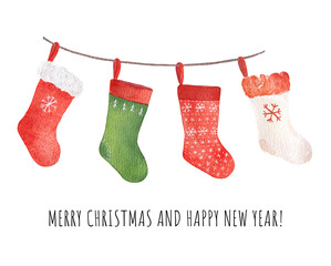 Watercolor Christmas colourful socks for presents isolated on white background.