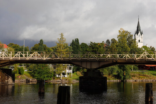 Sunne, Sweden Sept 11, 2020 A train bridge and church over the river.