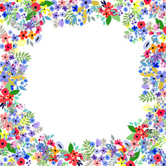 Floral frame made of flowers. Wildflowers leaves and branches. Vector illustration.