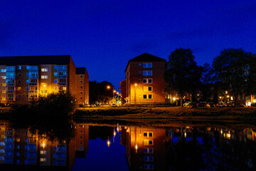 Karlstad, Sweden The Haga neighborhood at night on the Klaralven river.