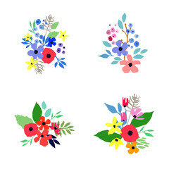 Collection of vector flowers on white background. Vector bouquets. Simple design.