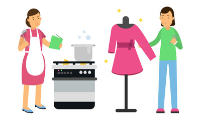 Young Woman Cooking and Tailoring Vector Illustration Set
