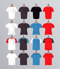 sixteen mockup shirts in clothespins hanging