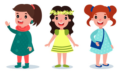 Little Girl Characters Dressed in Fashionable Garment Vector Set