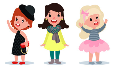 Little Girl Characters Dressed in Fashionable Garment Vector Set