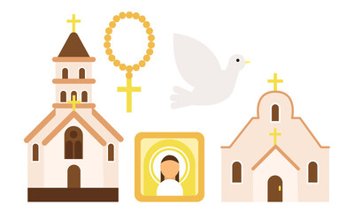 Christian Religion Attributes with Church and Beads for Counting Prayers Vector Set