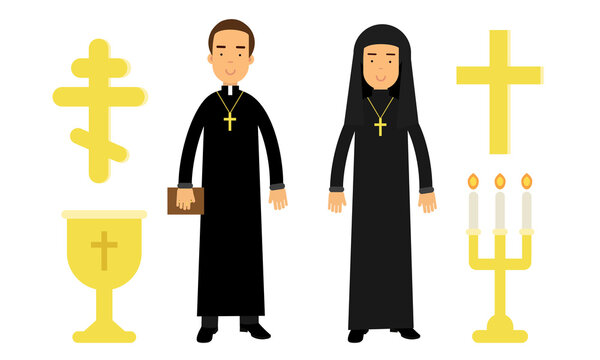 Christian Religion Attributes with Man Dressed in Priest Long Garment and Cross Vector Set