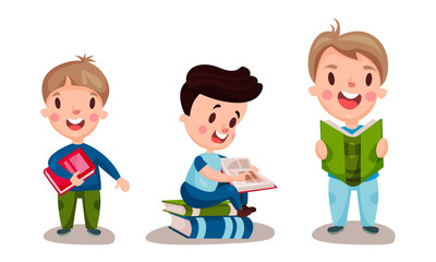 Little Children Sitting and Standing Reading Book Vector Illustrations Set