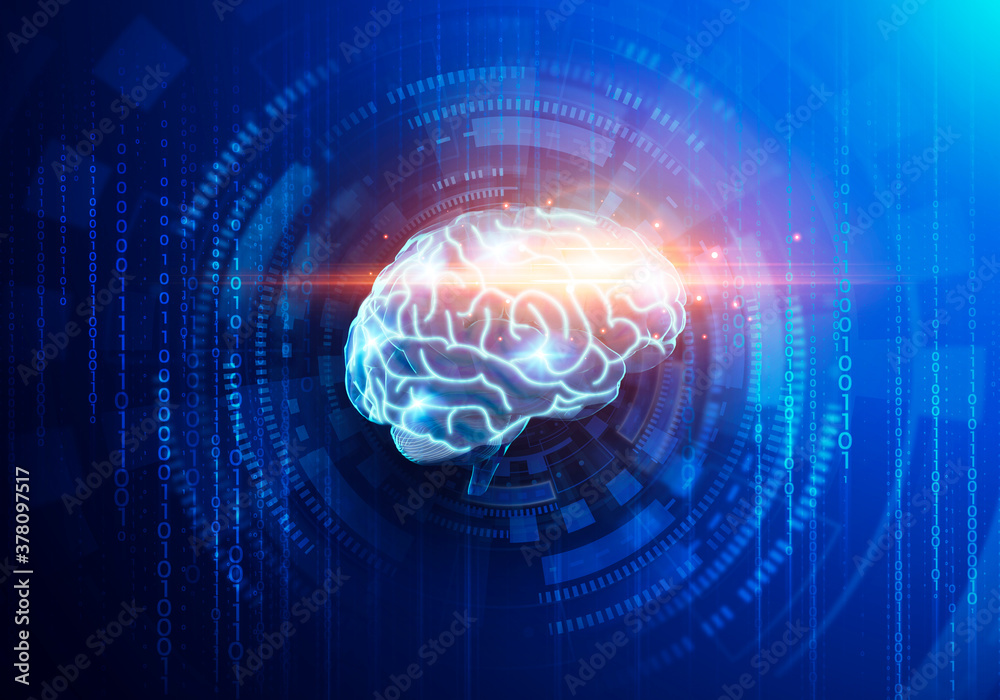 Poster Ai Concept. 3D illustration Of Gloving Human Brain Over Binary Code Background
