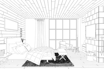 Design drawing of the bedroom with fireplace. 3D renderer.