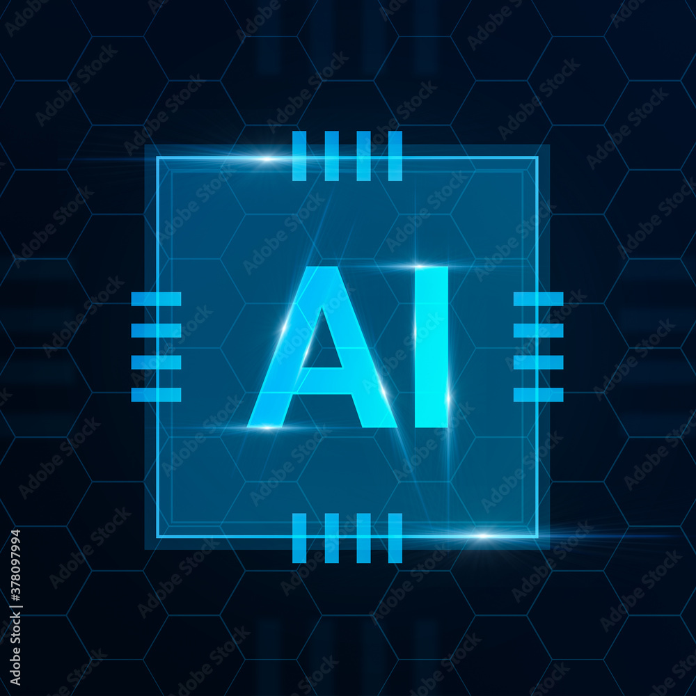 Aufkleber Creative AI Logo In Computer Microchip Design Over Abstract Cell Background