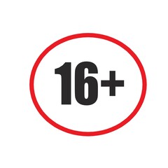 Under 16 sign warning symbol. Over 16 only censored. Sixteen age older forbidden adult content.