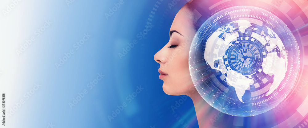 Poster AI Technologies. Side view of woman with robotic abstract digital globe as brain
