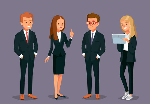 Vector set group of 4 four businessman office workers young business people standing with hands in pockets. Dress code isolated illustration. Businesswoman got idea.