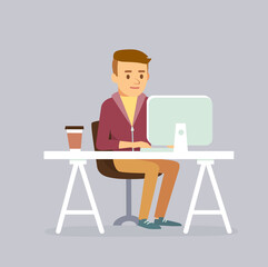 Office worker man working in the office with laptop. Man freelancer working telecommuting with laptop siting at workplace teleworking. Telework mobile remote work working from home, flexible work.