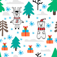 Doodle xmas seamless pattern isolated on white. Cartoon vector stock illustration. EPS 10