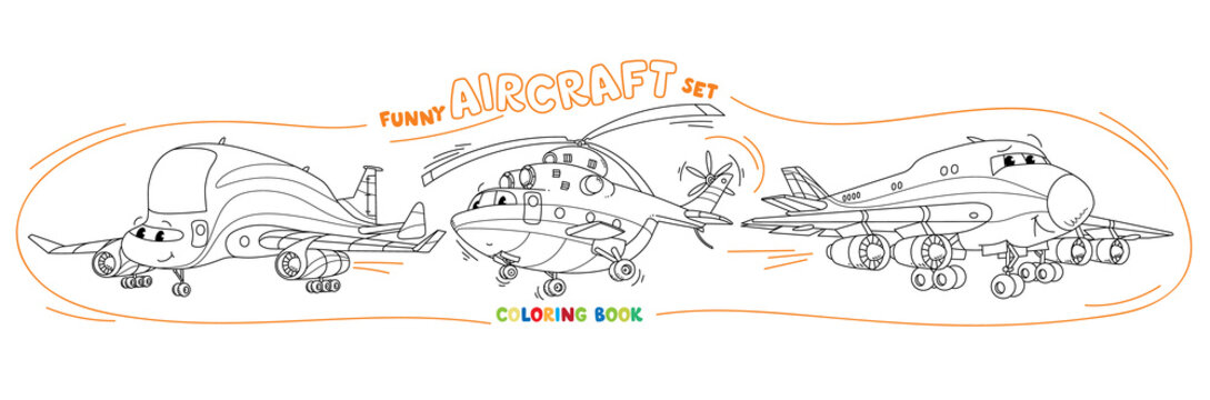 Funny light aircraft planes and helicopter coloring book set