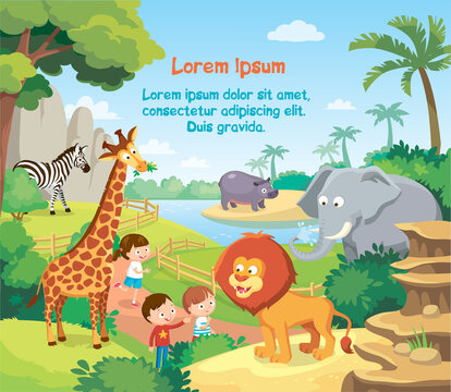 Vector illustration picture of cildren kids in zoo with wildlife animals lion giraffe zebra elefant hippopotamus.