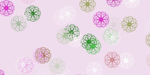 Light pink, green vector doodle background with flowers.